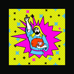 Colorful pop art placard, kid illustration of Jesus Good Shepherd with a lamb.