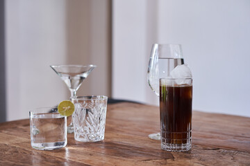 empty glasses on a wooden table