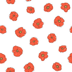 Poppy flower childish seamless pattern, floral pattern, red flowers on white background. Texture for - fabric, wrapping, textile, wallpaper, apparel. 