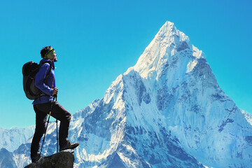 Climber at the top of a rock with backpack enjoy sunny day. National Park, Nepal.