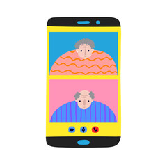 Smiling older couple on mobile phone display. Elderly peoples communication. Old lady and man chatting. Video call. Fun senior citizen. Funny flat style drawing. Trendy stock vector illustration.