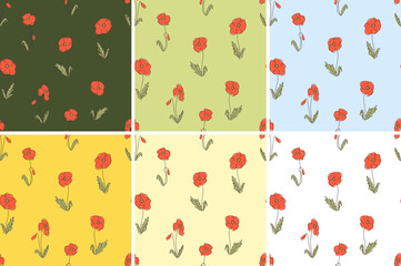 Poppy flower vector childish seamless textile pattern set, floral pattern, red flowers. 6 backgrounds - dark green, light green, light blue, yellow, light yellow, white.