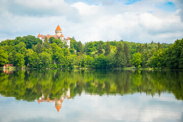 Historic medieval Konopiste Castle in central Bohemia, near Prague and summer pond near, Czech Republic