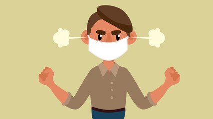 young man in a medical mask is angry