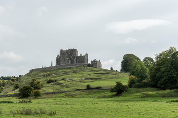 view of rock of cashel on cloudy day with green grass colors