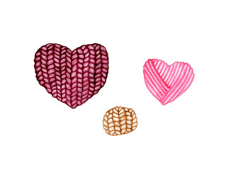 Watercolor hand draw illustration of knitting heart shaped and circle decorative elements . Knitting and Crochet. Watercolor isolated on white background. For handicraft store.
