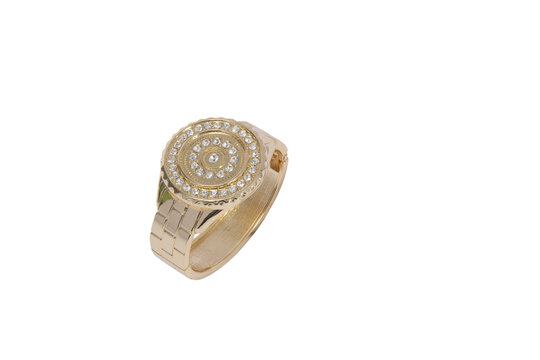 Fine jewellery, Golden ring with diamonds, isolated. Yellow gold ring with diamonds isolated on white background.
