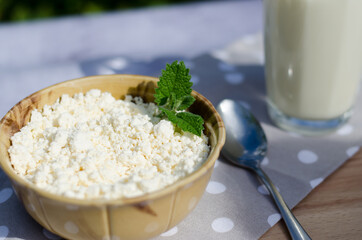 A glass of milk, a plate of cottage cheese and a spoon on a wooden shelf. Healthy eating concept. Breakfast in the village.