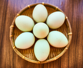 Green eggs in a wooden basket