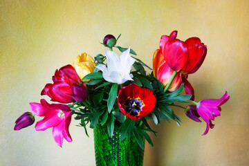 Bouquet of colorful tulips and peonies in a vase on a yellow background.