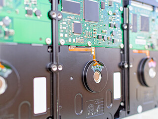 A close view of the microcircuit on the surface of the hard drive.