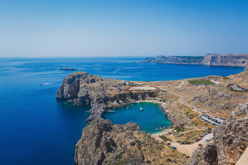 Overlooking the blue Aegean Sea from the Acropolis, Lindos, Greece