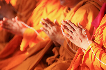 Monks Praying pray Put the palms of the hands religious rituals in thai ceremony - obrazy, fototapety, plakaty