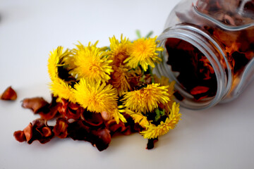 Bouquet of yellow dandelions in a jar on the table