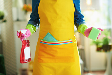 woman with cleaning agent and sponge