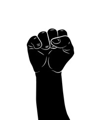 Black silhouette of a male rising fist on a white background with white lines defining fingers and thumb. Symbol of freedom, fight, revolution, unity, strength and struggle. Simple illustration EPS