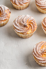 Vanilla muffins in powdered sugar on a concrete table. View from above