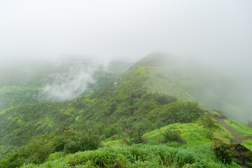 Monsoon trek at Sinhagad Fort, near Pune in India.