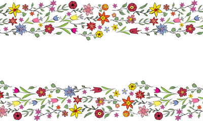 Horizontal border of colorful flowers in doodle style on a white background. Hand drawing.