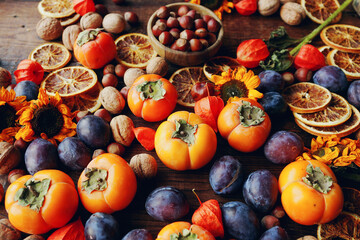 Autumn still-life composition with fresh fruits and vegetables