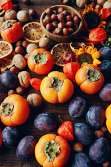 Autumn still-life composition with fresh fruits and vegetables