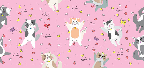 Cute Cartoon Cat seamless pattern doodle and flat design. - 354687454