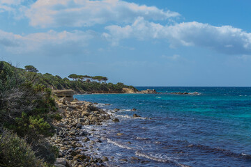Obraz premium Rocky coast with ruined military blockhouse near Cagliari (Sardinia, Italy).
