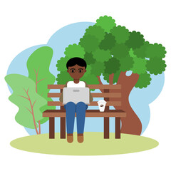 Flat style vector of African man sitting and working with laptop on the bench In the park with many trees. Illustration cute cartoon concept for lifestyle on work, study from home.