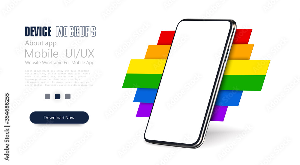 Poster Mobile phone in the rotated position on the background of an abstraction of different colors. LGBTQ. Mock-up new smartphone. Rainbow flag movement lgbt 3d. Vector illustration of a colorful canvas