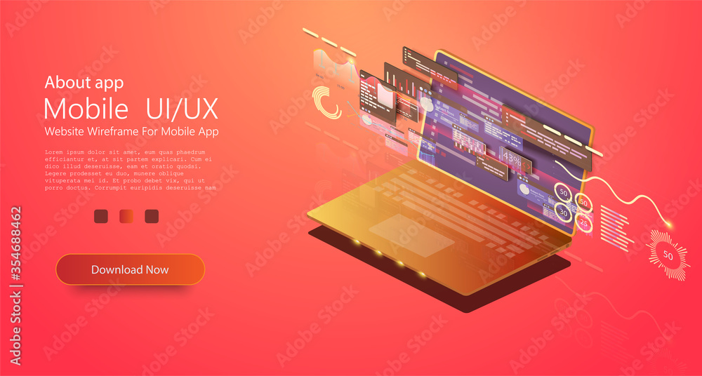 Poster application of laptop with business graph and analytics data on isometric laptop .digital money mark