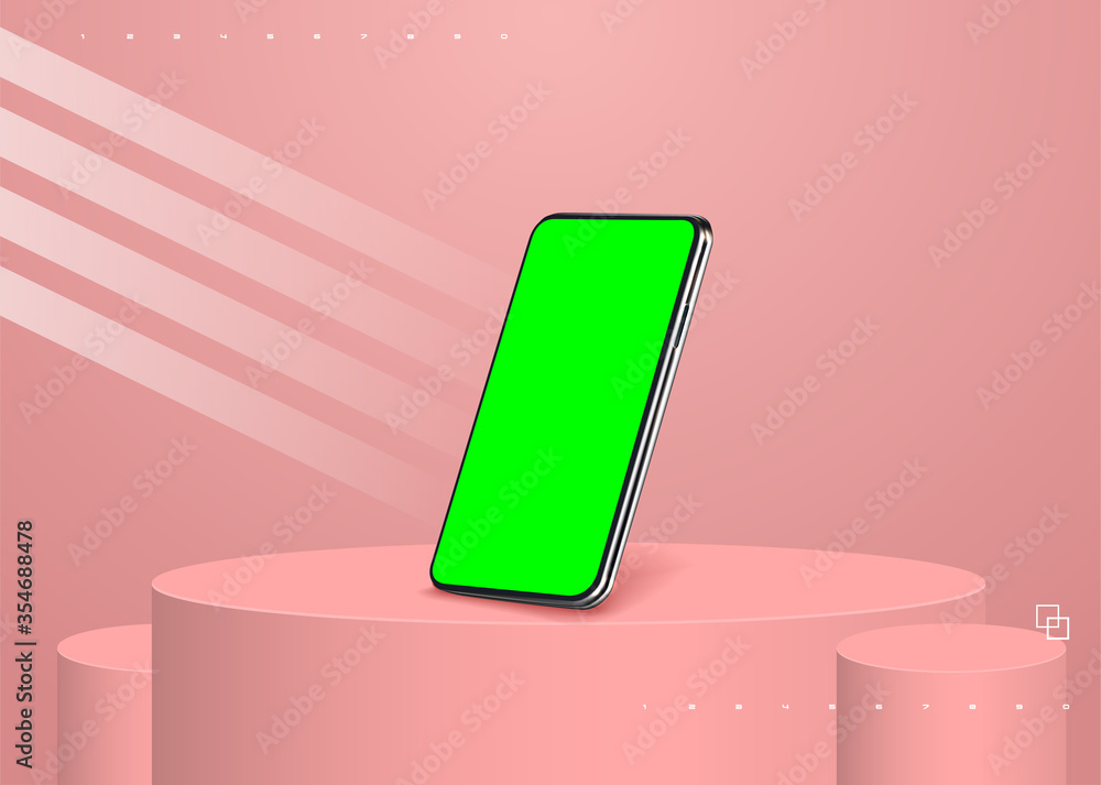 Poster realistic modern smartphone isolated on coral background. phone perspective view. side view. templat