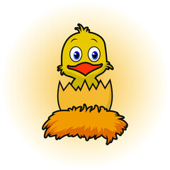 Cute little chick in cracked egg vector graphic illustration