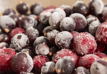 Frozen berries. Fresh frozen cherries and currants. Berries covered with frost