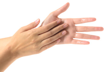 Woman cleaning hands with Alcohol Sanitize gel to prevent bacteria- Viruses- contagious disease- Covid-19 and Coronavirus- Isolated on white background