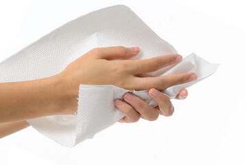 Woman drying hands with paper- Isolated on white background