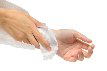 Woman drying hands with paper- Isolated on white background