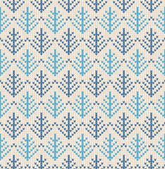 Christmas Scandinavian flat style white and blue knitted seamless pattern with trees