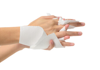 Woman drying hands with paper- Isolated on white background