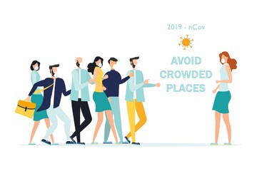 Precautions for coronavirus 2019-nKoV. The call to avoid crowded places. A young girl in a medical mask stands apart from a group of people. The concept of the fight against the new virus COVID-2019