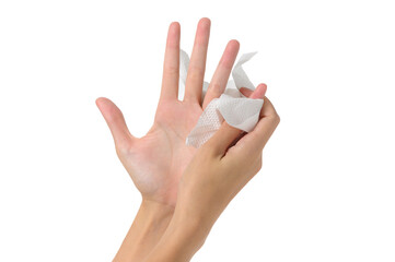 Woman drying hands with paper- Isolated on white background