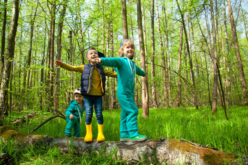Children in the spring forest walk on a log. Hiking, camping, family outdoor activities. Friendship since childhood. A happy family with three children.