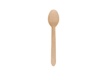 Eco natural wooden spoon with empty space. Disposable ecological utensils on white background. Sustainability of planet. Cardboard plate made of fiber of bamboo and bagasse.