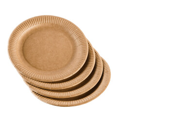 Eco natural set of 4 plates with empty space. Disposable ecological utensils on white background. Sustainability of planet. Closeup isolated cardboard plate made of fiber of bamboo and bagasse.