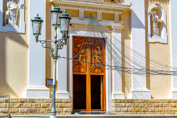 Entrance to the main church of La Maddalena (Olbia-Tempio, Sardinia, Italy).