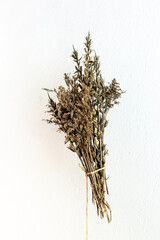 
Bouquet of dried herbs on a white background.