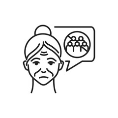 Old woman with speech bubble withhout social activities line black icon. Symptom dementia. Sign for web page, mobile app, button, logo. Editable stroke