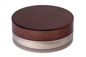 Cosmetic products isolated. Closeup of a elegant closed jar with cheek or face powder. Make-up isolated on a white background. Macro from a blusher or bronzer.