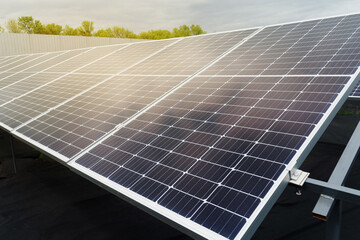 Sun solar panels on the ground with sun light left side. Alternative solar electricity plant....