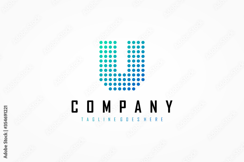 Poster abstract initial letter u logo. green blue gradient pixel dots halftone style isolated on white back