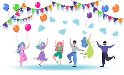Fototapeta premium Concept of ending pandemic. People celebrate the end of quarantine, throw masks in the air. coronavirus epidemic covid-19. Banner. Ending quarantine. Quarantine canceled.